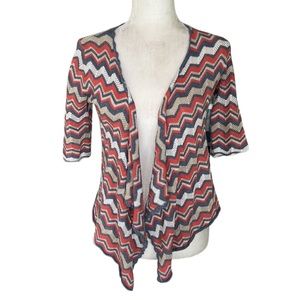 Minnie Rose Coral Blue Metallic Gold Chevron Striped Zigzag Draped Cardigan - S